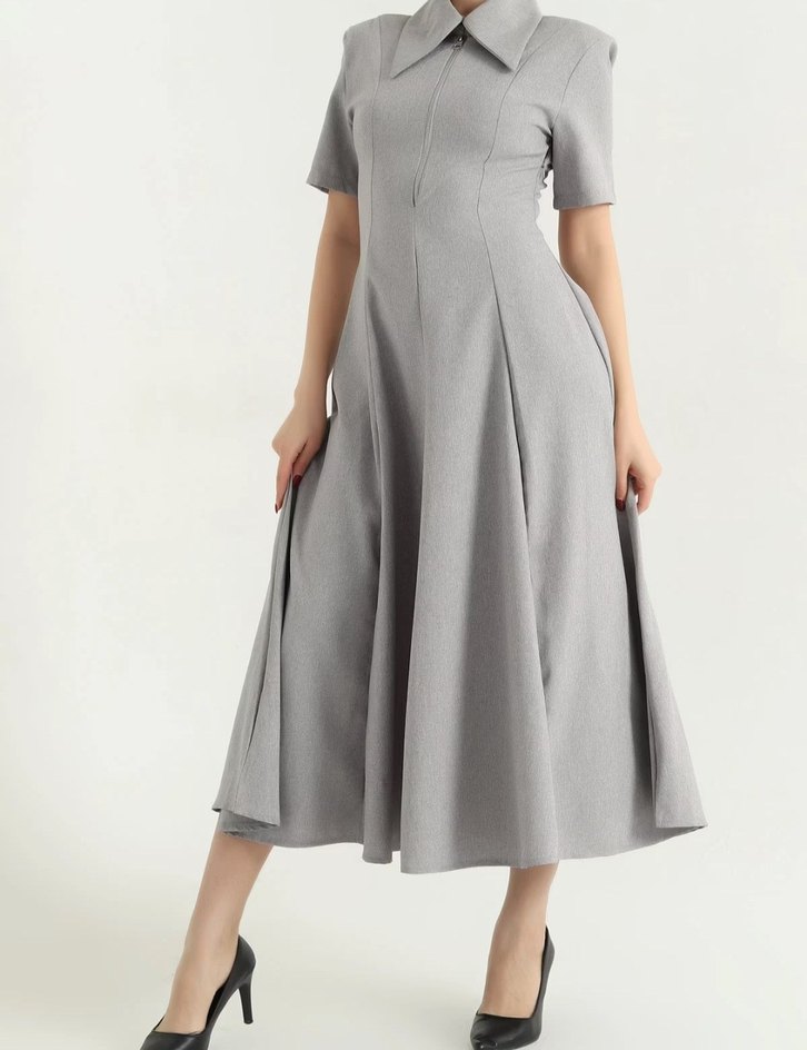 Gri Midi  Elbisesi V Yaka Drapeli - Görsel 3