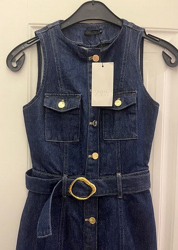 Zara Kemerli Lacivert Uzun Denim Elbise
