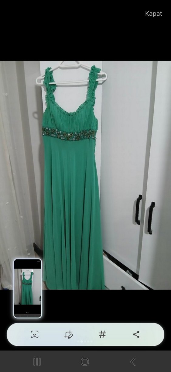 Turkuaz İşlemeli Uzun Abiye Elbise - Görsel 3