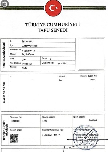 Arnavutköy Müstakil Tek Tapu T.C. Tapu Senedi Belgesi