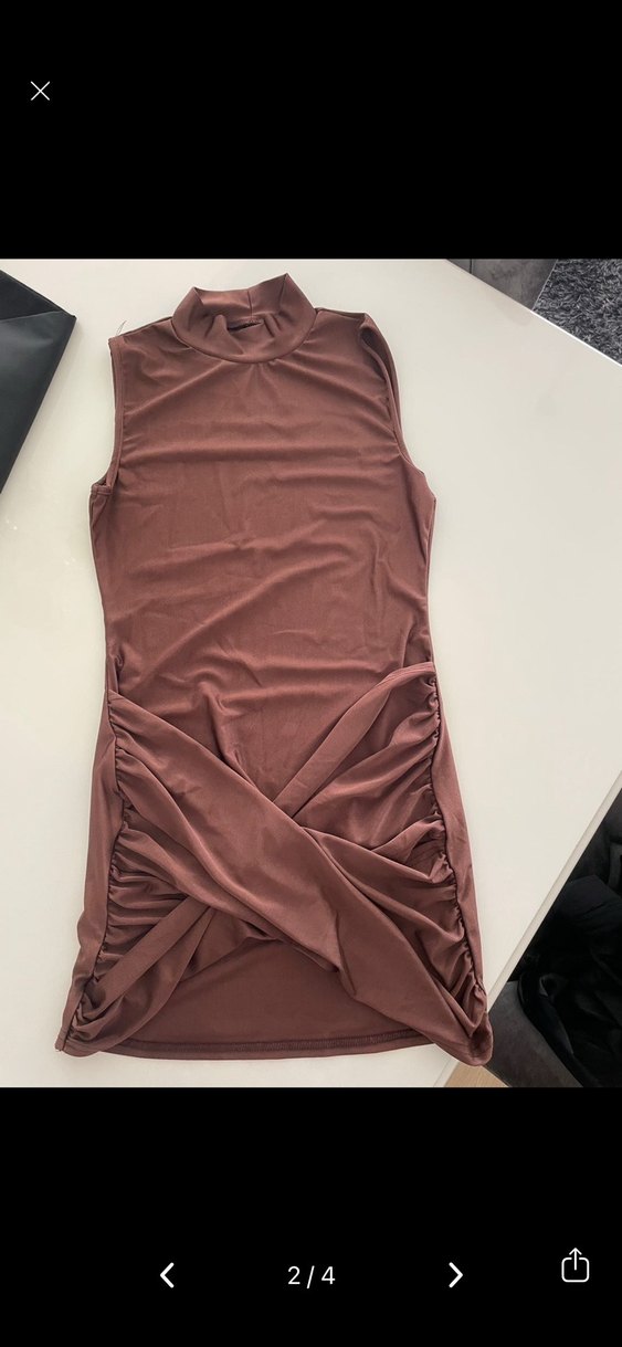 Kahverengi Deri Mini Elbise - Görsel 2