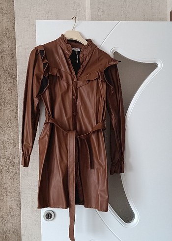 Kahverengi Uzun Deri Kadın Ceket - Görsel 2