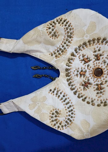 Boncuk İşlemeli Beyaz Bohem Kadın Çanta