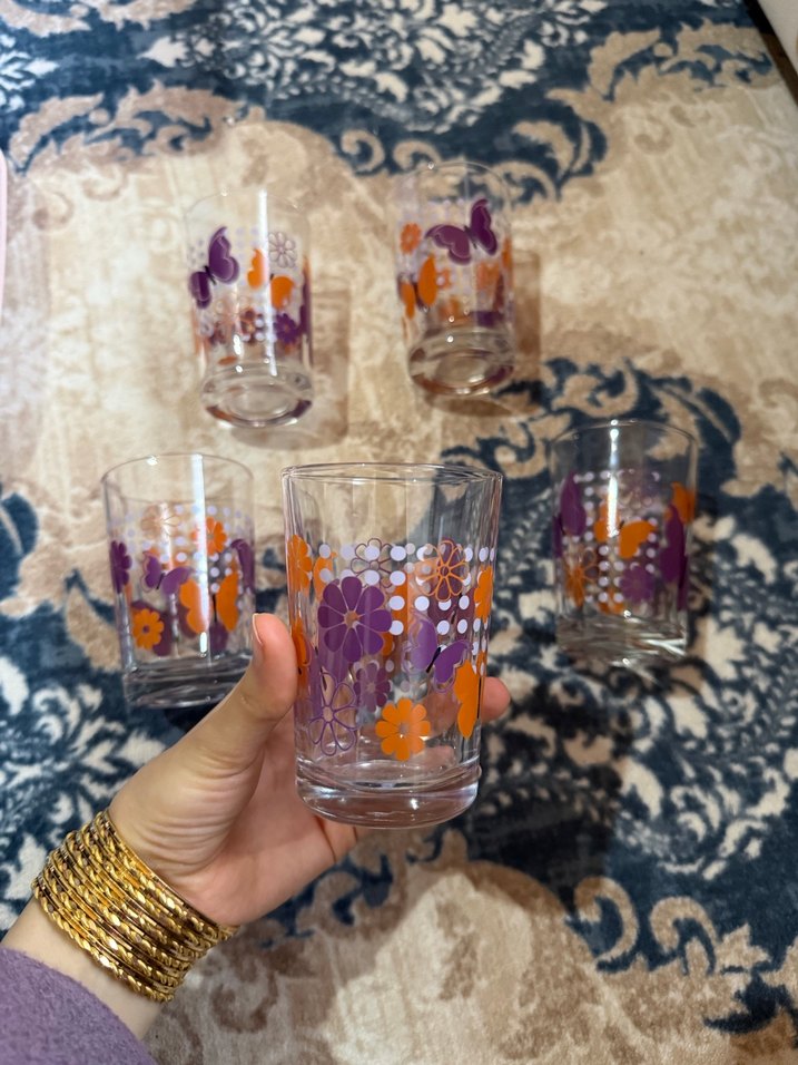 Mor ve turuncu desenli 5 adet bardak seti - Görsel 2