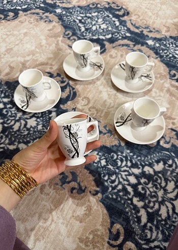 Beyaz ve gri desenli 5'li kahve fincanı seti - Görsel 2