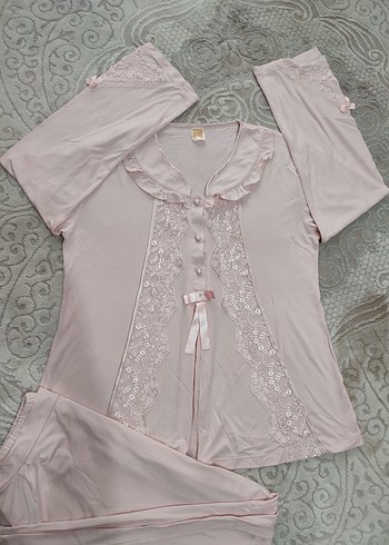 pudra Dantel Detaylı Uzun Kadın Pijama Takımı - Görsel 2