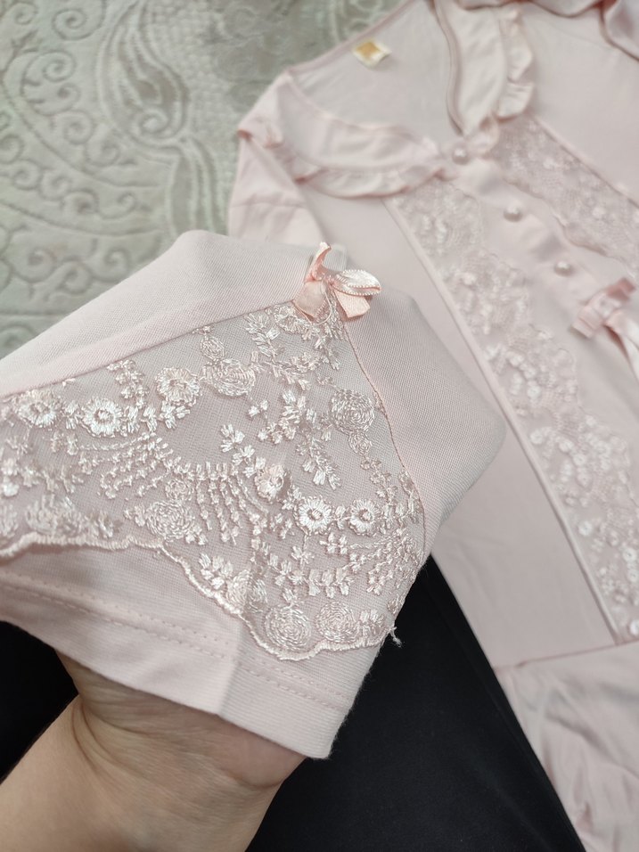 pudra Dantel Detaylı Uzun Kadın Pijama Takımı - Görsel 3