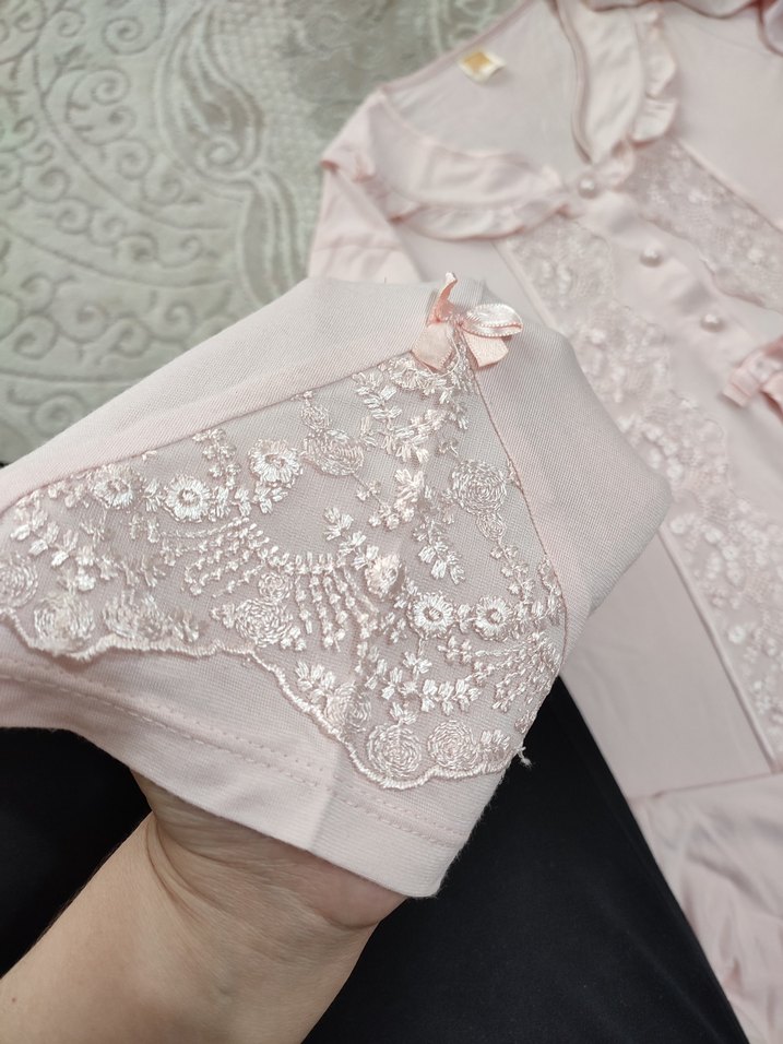 pudra Dantel Detaylı Uzun Kadın Pijama Takımı - Görsel 5