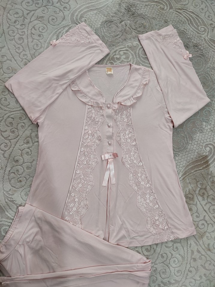 pudra Dantel Detaylı Uzun Kadın Pijama Takımı - Görsel 2