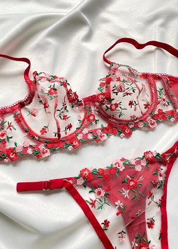 Kırmızı Nakışlı Sütyen Takımı - Görsel 3