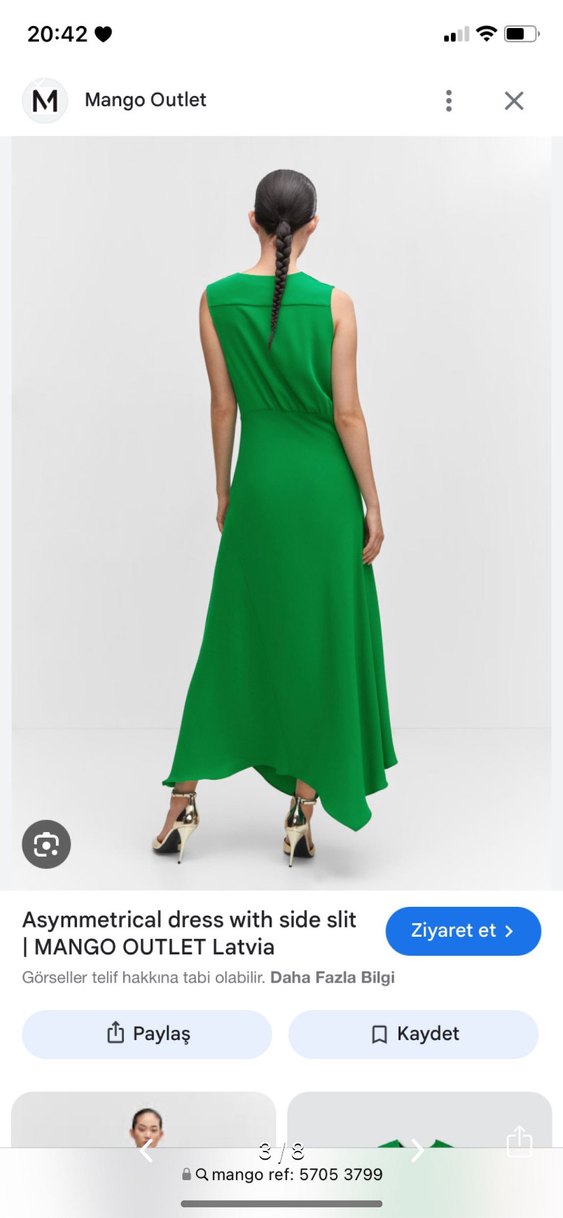 Mango Asimetrik Yeşil V Yakalı Uzun Yırtmaçlı Drapeli Elbise - Görsel 3