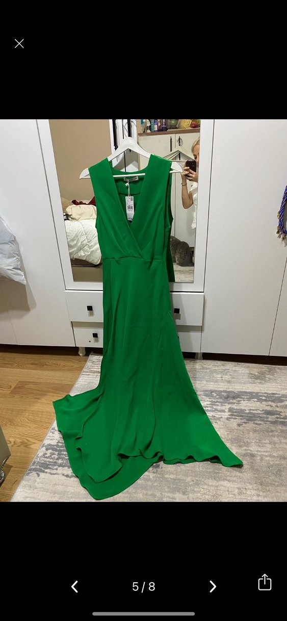 Mango Asimetrik Yeşil V Yakalı Uzun Yırtmaçlı Drapeli Elbise - Görsel 5