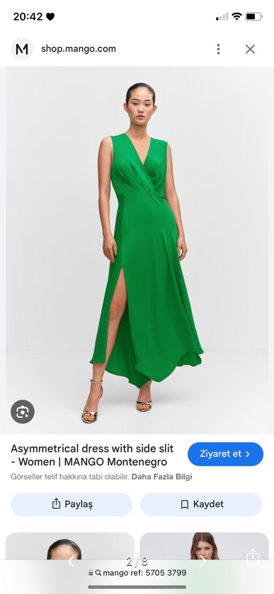 Mango Asimetrik Yeşil V Yakalı Uzun Yırtmaçlı Drapeli Elbise - Görsel 2