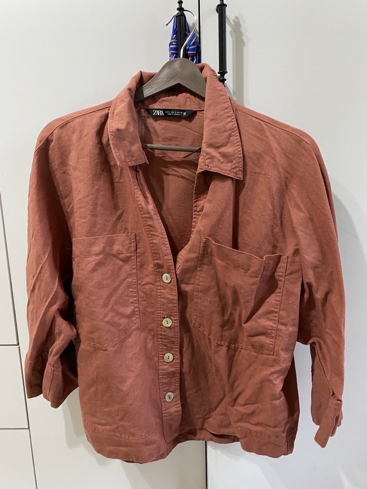 Zara keten gül kurusu pembe gömlek bluz - Görsel 3