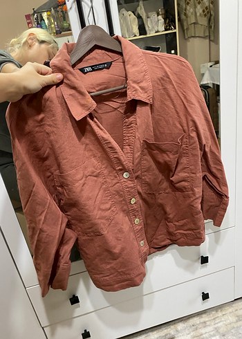 Zara Gül kurusu Pembe Keten Kadın Gömlek - Görsel 2