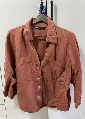 Zara Gül kurusu Pembe Keten Kadın Gömlek - Görsel 4