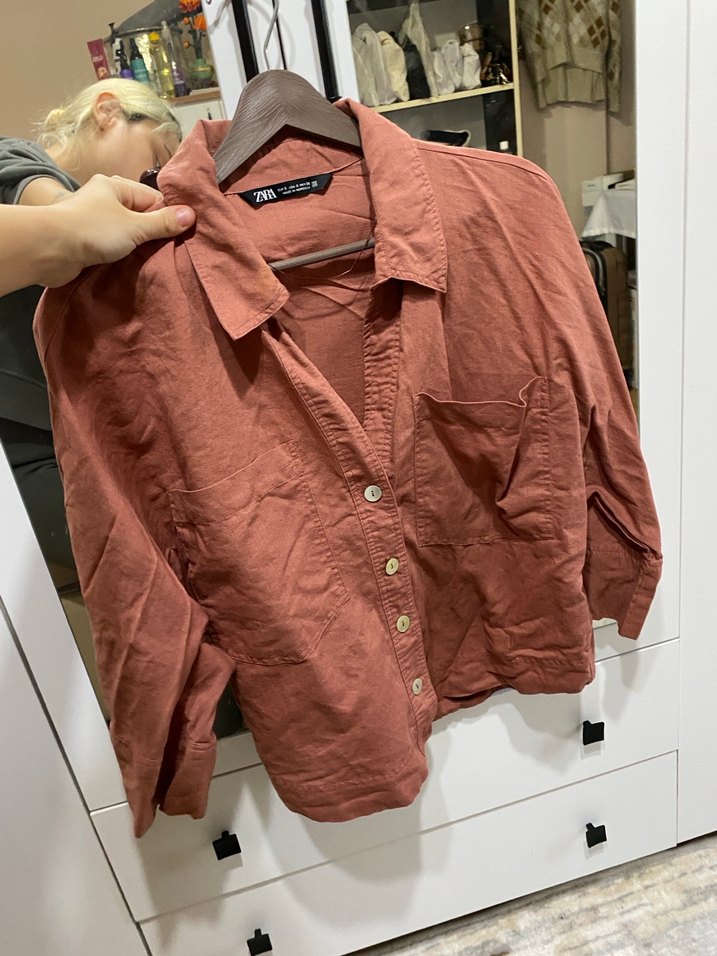 Zara Gül kurusu Pembe Keten Kadın Gömlek - Görsel 2