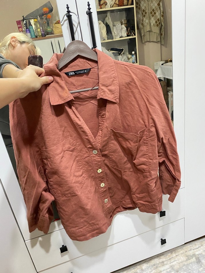 Zara Gül kurusu Pembe Keten Kadın Gömlek - Görsel 3