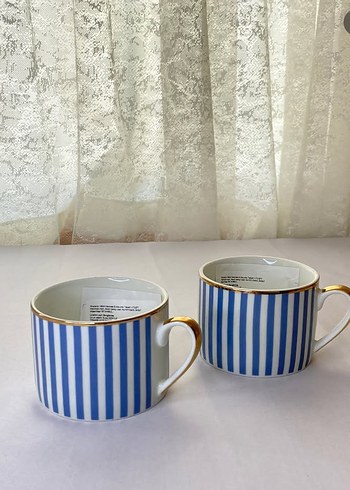 Hm Home Mavi Çizgili İnce Altın gold Kenarlı Kupa fincan - Görsel 3