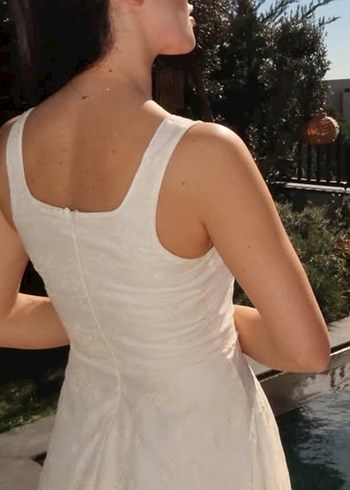 m Beden beyaz Renk Klasik Elegan Beyaz fisto dantel işlemeli Midi Keten Elbise