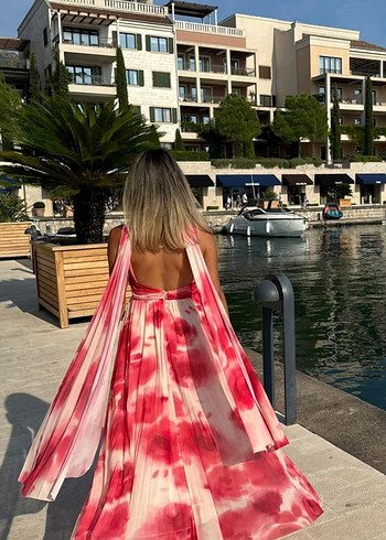 Mango Fularlı Pembe Bağlamalı Uzun Elbise