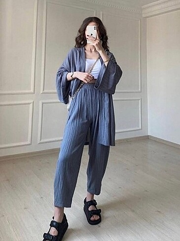 Kadın gri gofre müslin kimono takım