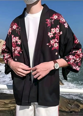 American Vintage Kadin Siyah Pembe Cicek Desenli Kimono