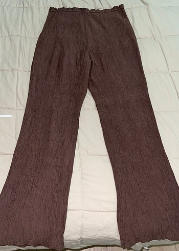 Kadın Kahverengi Keten Pilili Bol Paça Pantolon - Görsel 4