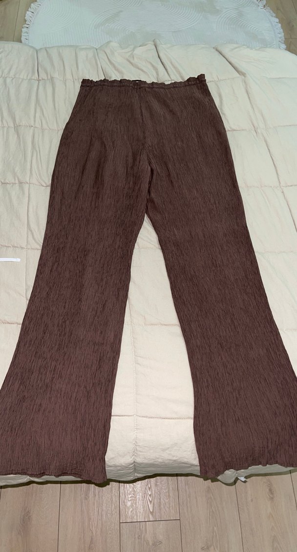 Kadın Kahverengi Keten Pilili Bol Paça Pantolon - Görsel 4