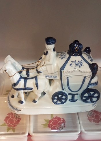 VİNTAGE Beyaz ve Lacivert Atlı At Arabası Biblo - Görsel 6