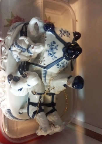 VİNTAGE Beyaz ve Lacivert Atlı At Arabası Biblo - Görsel 3