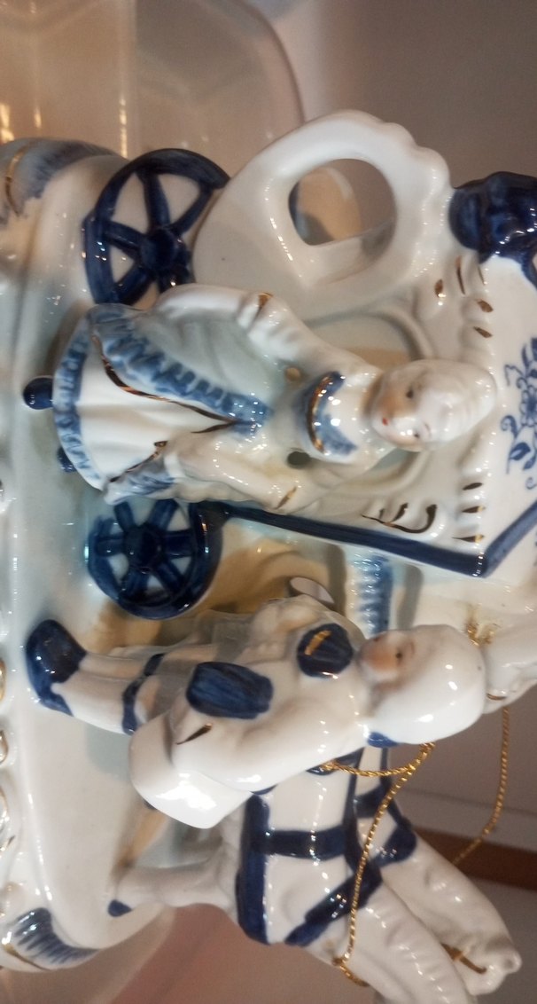 VİNTAGE Beyaz ve Lacivert Atlı At Arabası Biblo - Görsel 4