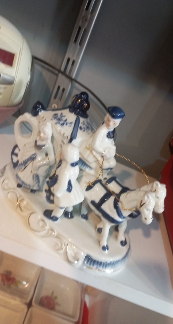 VİNTAGE Beyaz ve Lacivert Atlı At Arabası Biblo - Görsel 2