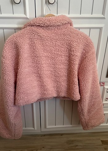 s Beden pembe Renk Düğmeli Pembe crop Peluş Kadın Ceket
