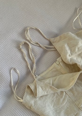 Düğmeli Bej Keten Kadın Tulum - Görsel 4