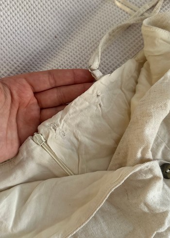 Düğmeli Bej Keten Kadın Tulum - Görsel 3