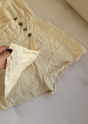 Düğmeli Bej Keten Kadın Tulum - Görsel 5