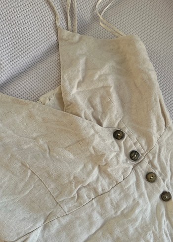 Düğmeli Bej Keten Kadın Tulum - Görsel 2