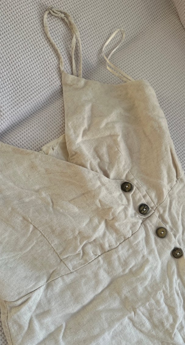 Düğmeli Bej Keten Kadın Tulum - Görsel 2