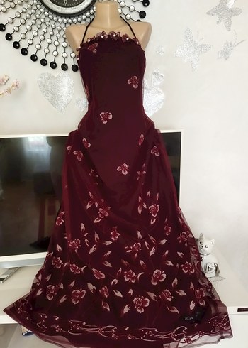 Bordo Straplez Nakışlı Uzun Abiye Elbise