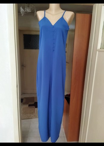 Düğmeli askılı Mavi uzun kalem elbise - Görsel 2