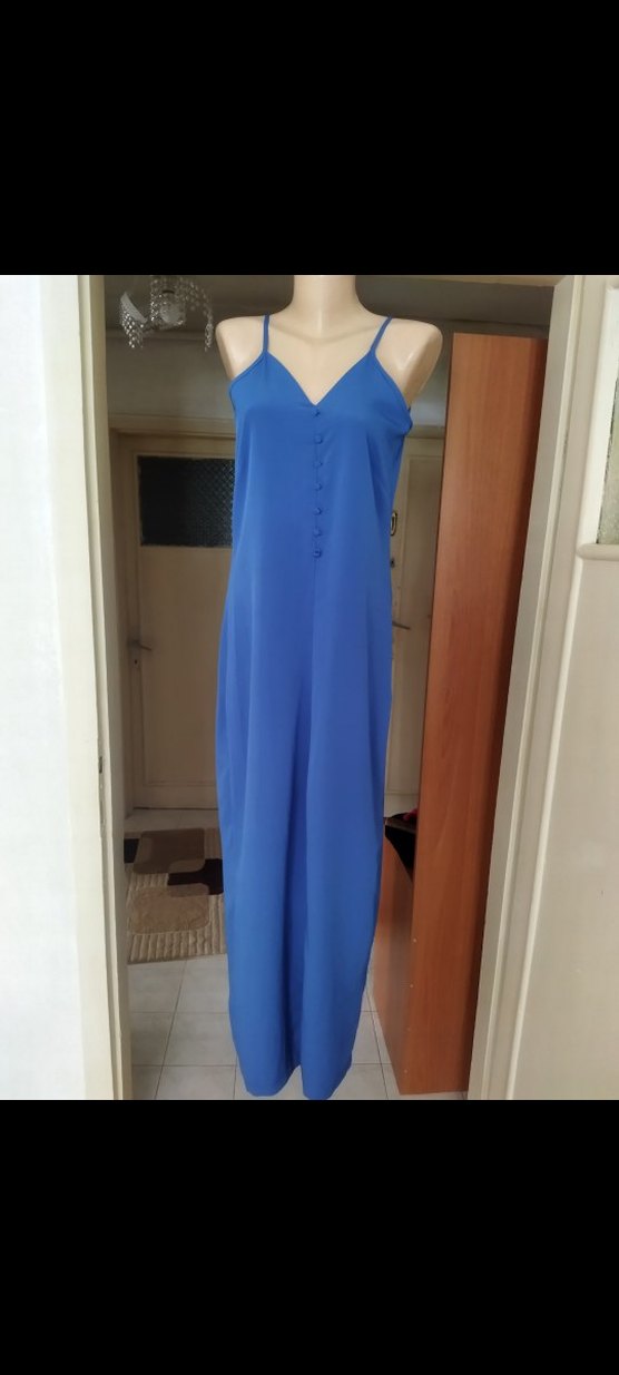 Düğmeli askılı Mavi uzun kalem elbise - Görsel 2