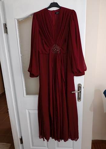 Bordo Uzun Kollu Nakışlı Kadın Abiye Elbise - Görsel 3