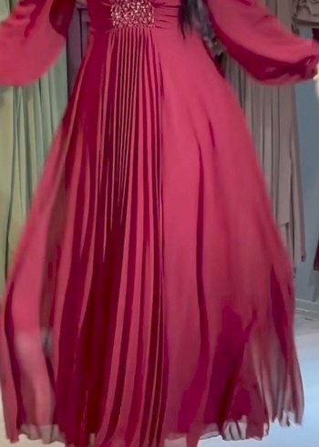 Bordo Uzun Kollu Nakışlı Kadın Abiye Elbise - Görsel 4