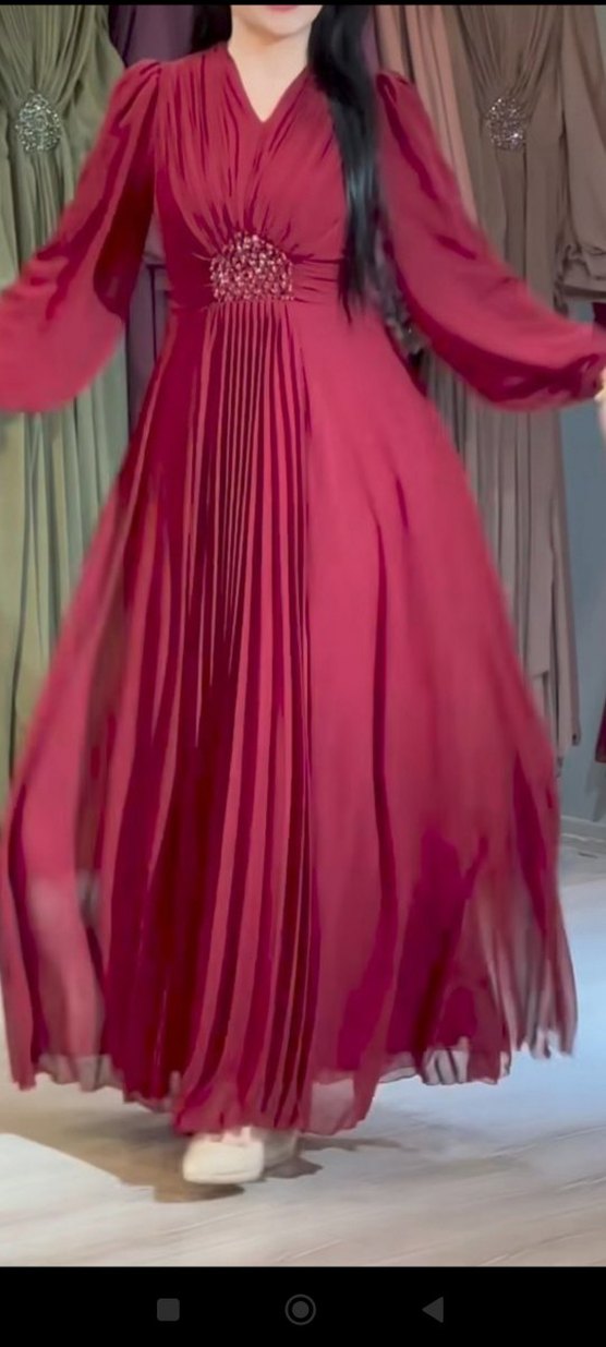 Bordo Uzun Kollu Nakışlı Kadın Abiye Elbise - Görsel 4