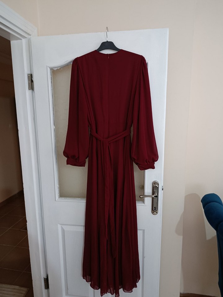 Bordo Uzun Kollu Nakışlı Kadın Abiye Elbise - Görsel 5