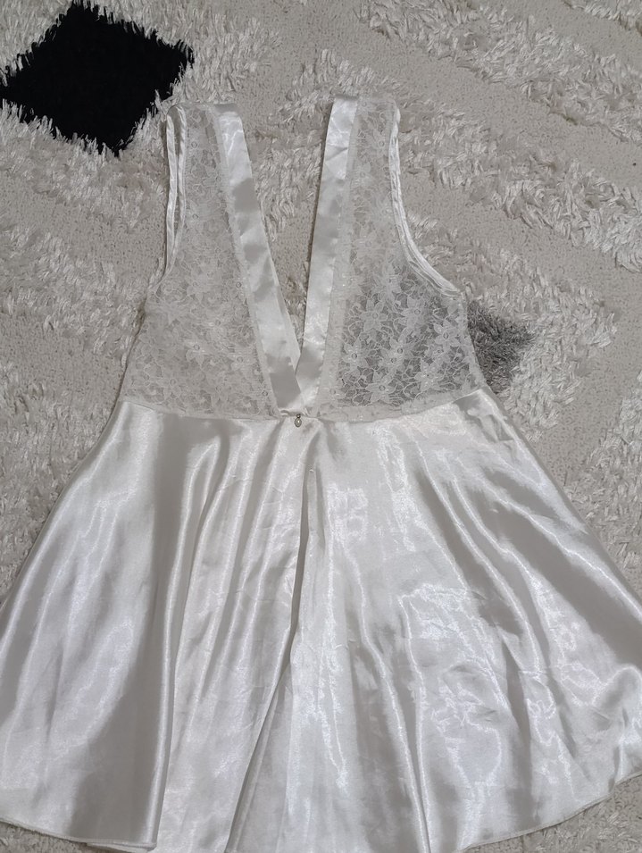 Beyaz Dantel Detaylı Bohem Midi saten gecelik - Görsel 2