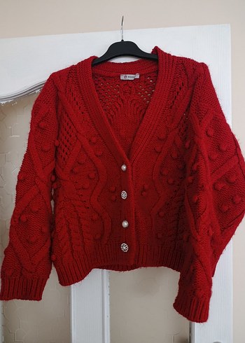 Kırmızı Örgü Bohem Kadın Hırka - Görsel 3