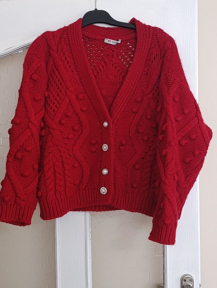 Kırmızı Örgü Bohem Kadın Hırka - Görsel 5