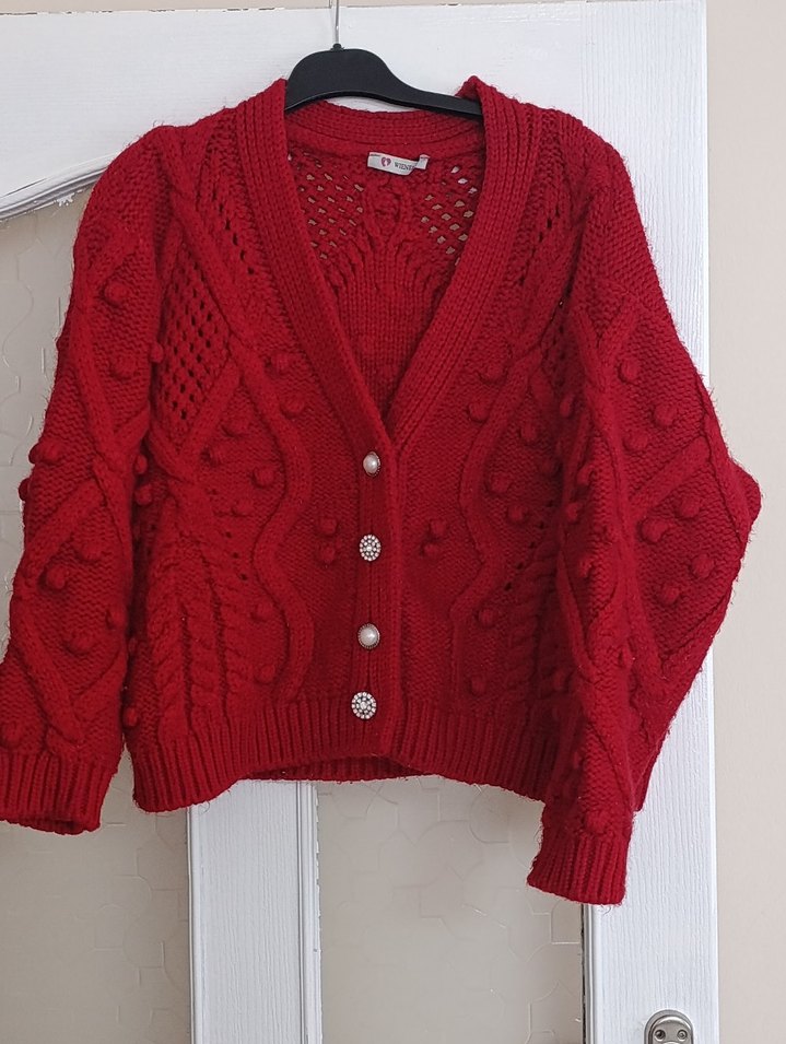 Kırmızı Örgü Bohem Kadın Hırka - Görsel 4